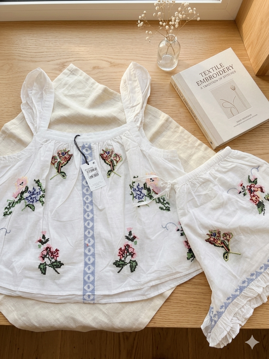 Embroidered nightsuit with shorts